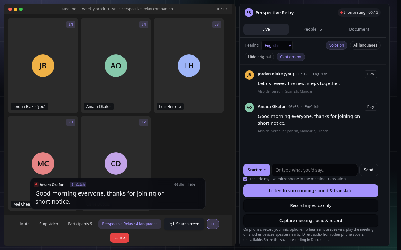 Perspective Relay demo meeting with on-screen captions, original speech and the translation panel